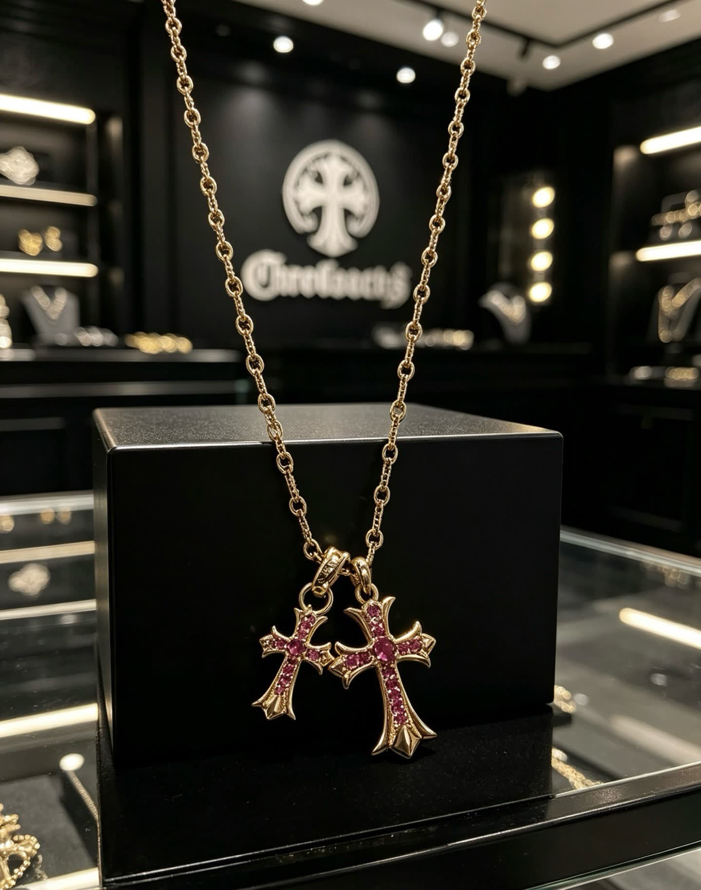 Chrome Hearts Gold Plated Cross Pendant with Ruby Stones